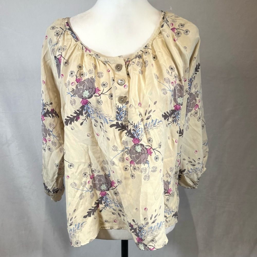 Bayla Jane mocha floral oversized puff sleeve 100% silk top size small